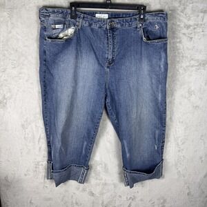 Baby Phat Jeans‎ Womens 22 Blue Denim Capri Logo Embroidery Stretch Roll Cuff